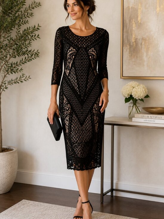 Carmen Marc Valvo Dresses & Skirts - Carmen Marc Valvo Black Lace Sheath Dress Medium Nude Lined Midi Cocktail 1240